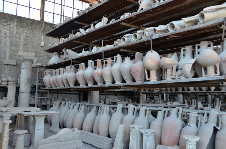 Unearthed clay pots in Pompeii